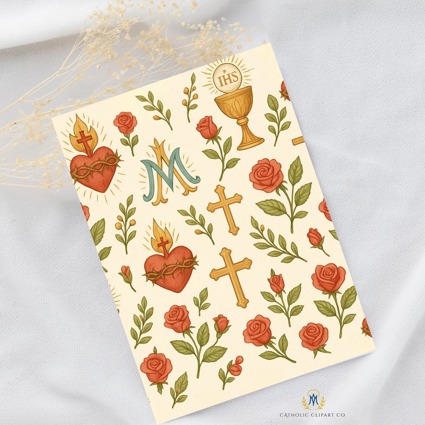Sacred Heart Digital Paper | Catholic Symbols Pattern | Marian Monogram & Chalice Background | 12x12 JPG | Christian Scrapbook Paper