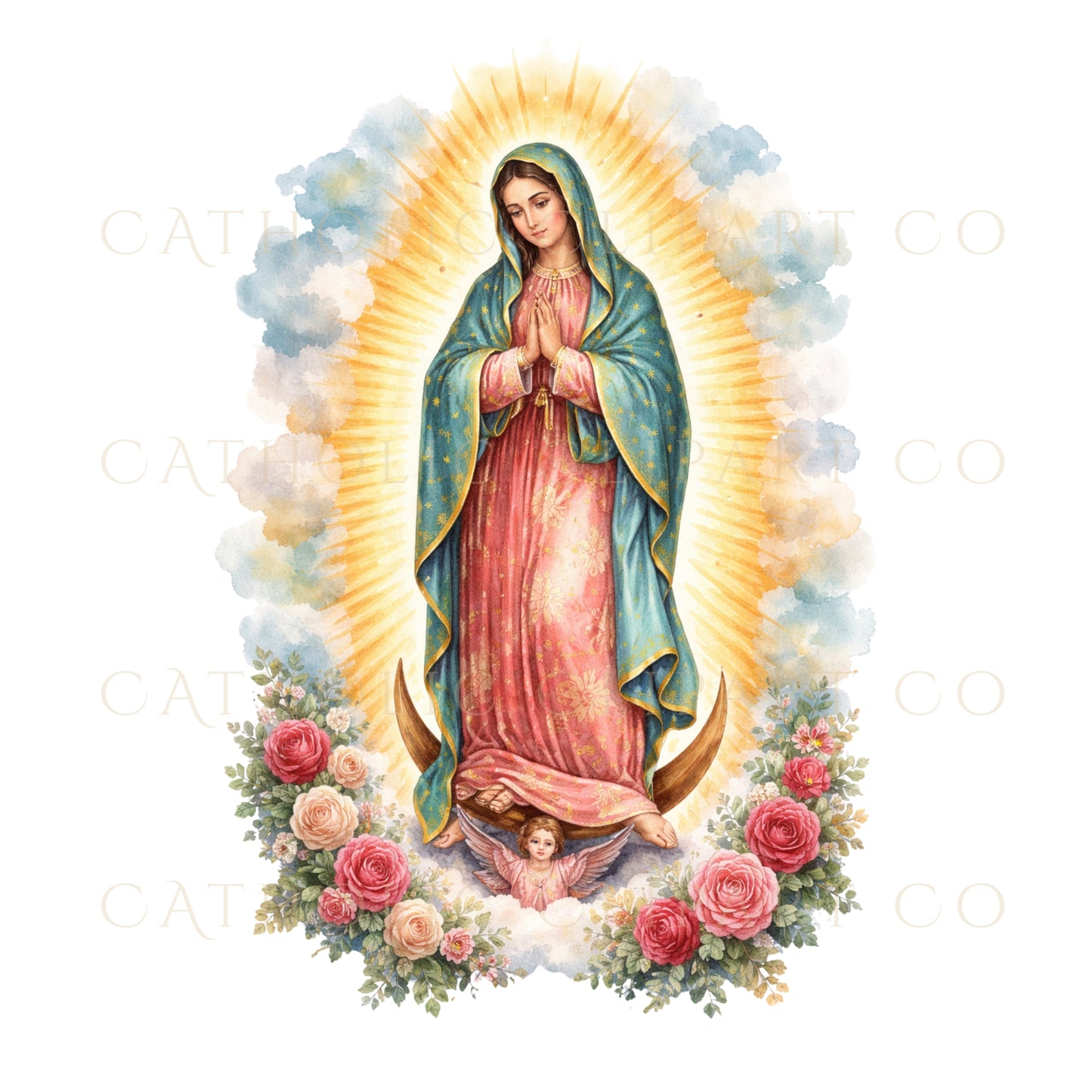 Our Lady of Guadalupe Clipart PNG | Watercolor Marian Art with Roses | Catholic Devotional Clipart Commercial Use