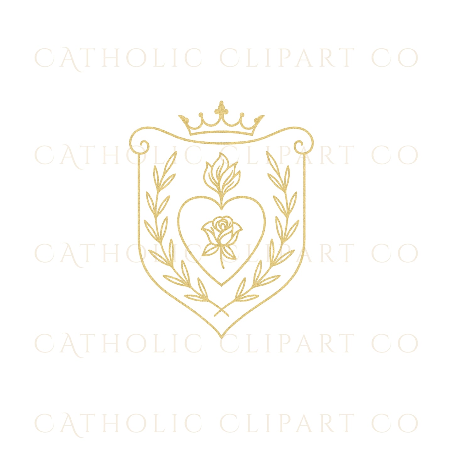 Sacred Heart Crest Clipart, Gold Foil Catholic Sacred Heart PNG JPG, IHS Religious Emblem for Communion Wedding Designs