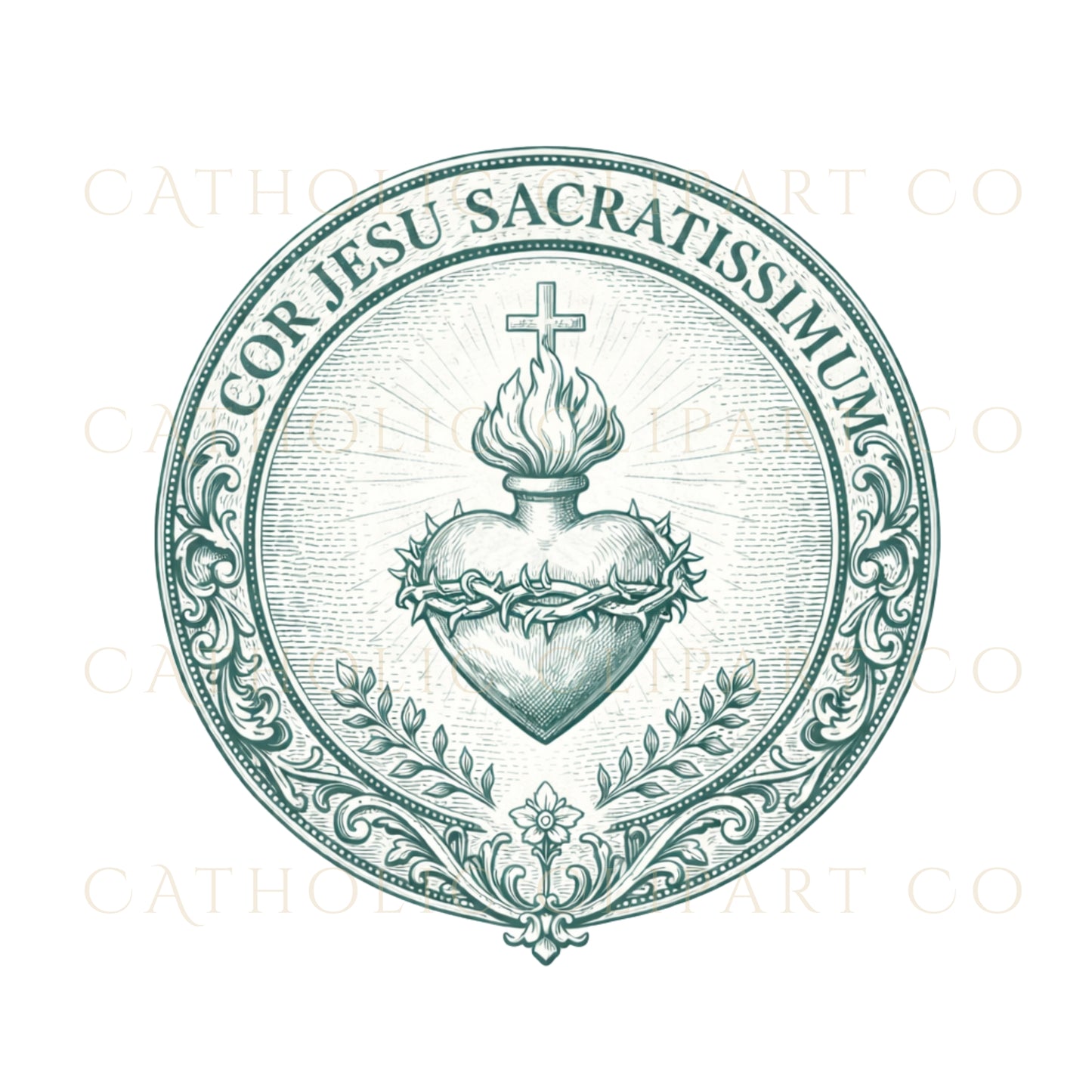 Sacred Heart Clipart PNG | Vintage Sacred Heart of Jesus Emblem Set | Catholic Religious Crest Graphics Commercial Use