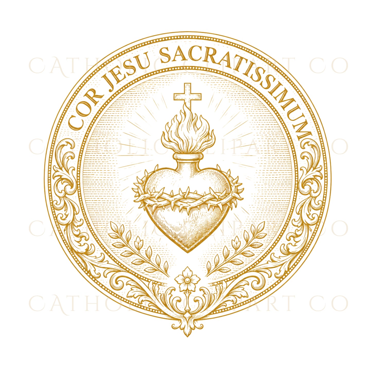 Gold Sacred Heart Clipart PNG Bundle, Catholic Sacred Heart Emblems, Vintage Religious Crest PNG, Commercial Use Cliparts