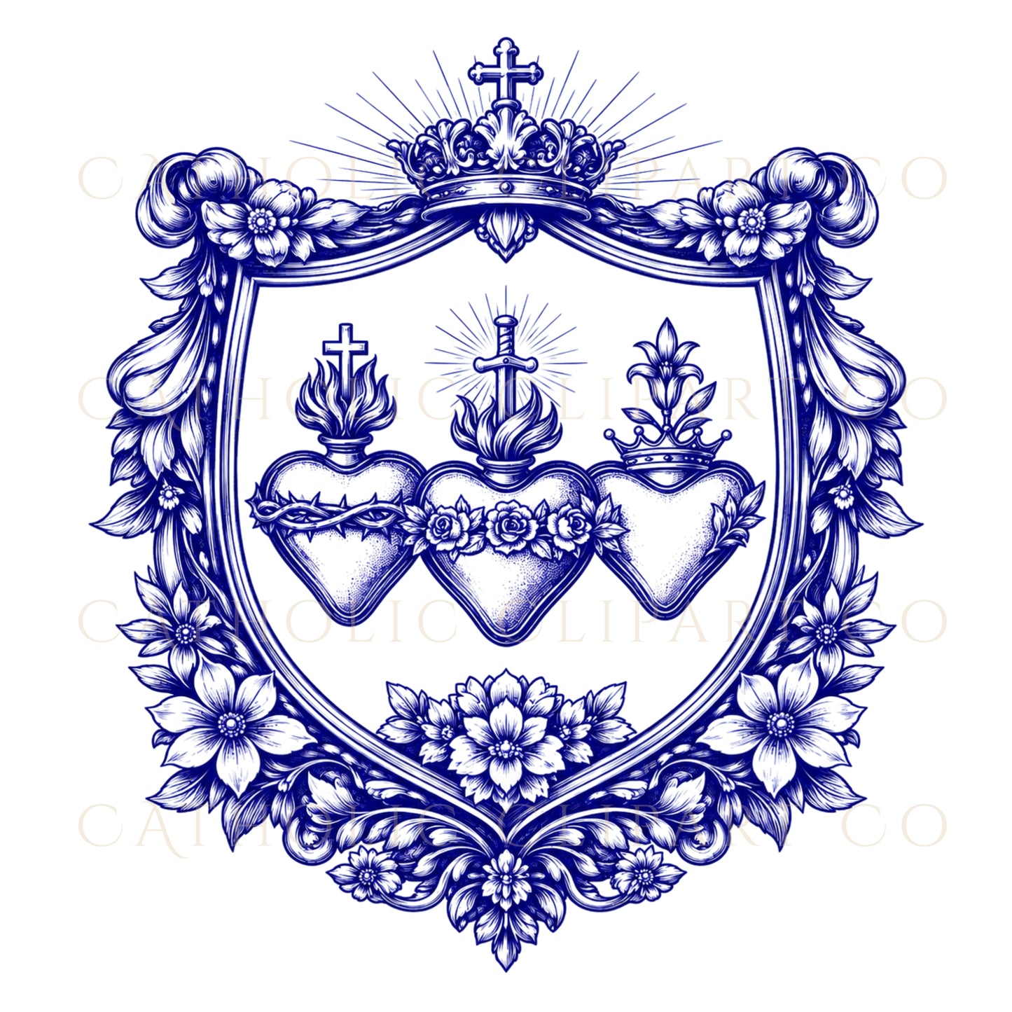 Blue Sacred Hearts Clipart PNG Bundle, Sacred Heart of Jesus Mary Joseph Clipart, Catholic Blue Crest Clipart, Commercial Use