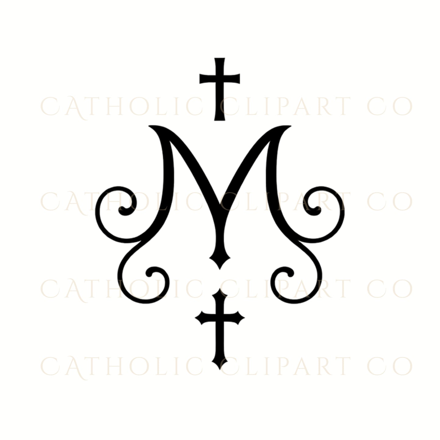 Black Marian Monogram Clipart PNG | Catholic Auspice of Mary M Logo, Crown & Cross Symbols | Commercial Use Religious Art