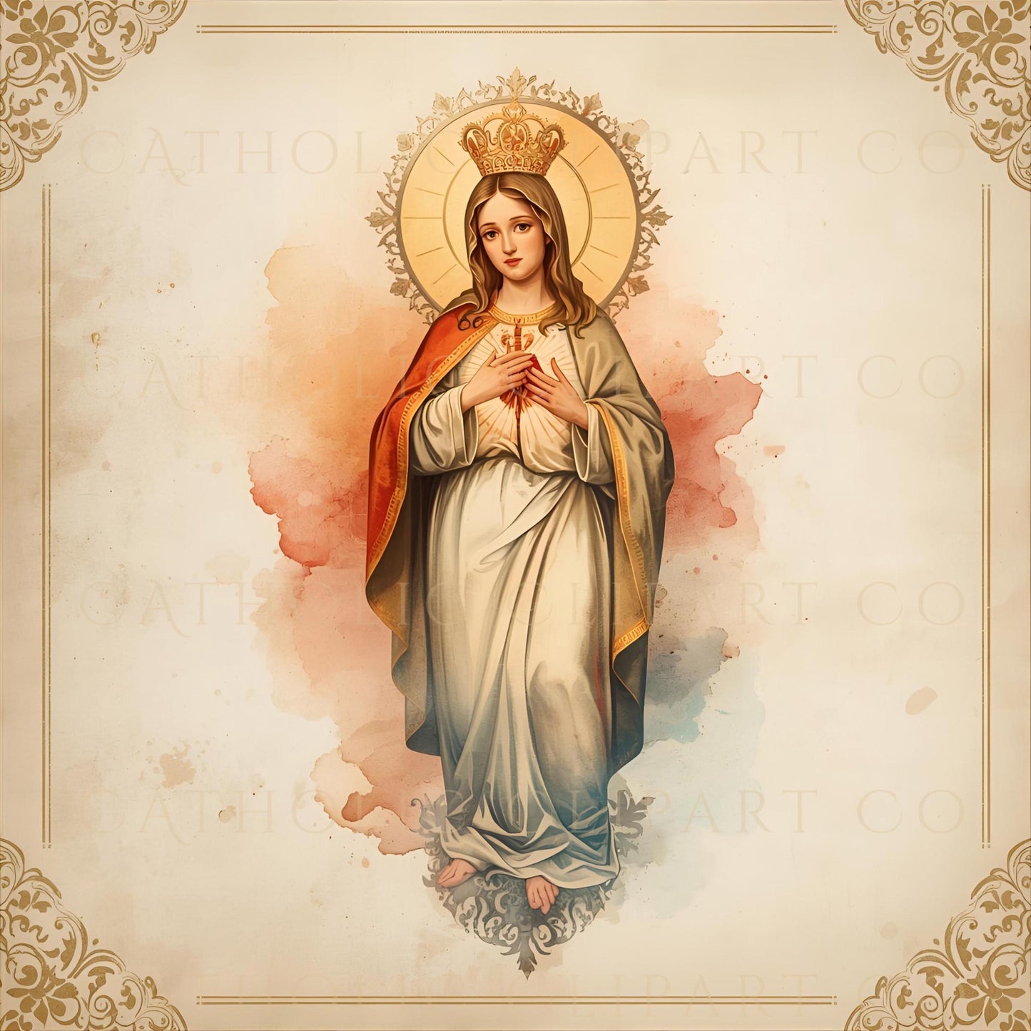 Vintage Catholic digital paper showing Mary with golden crown and soft watercolor wash / Papel digital católico vintage con María coronada y fondo en acuarela suave