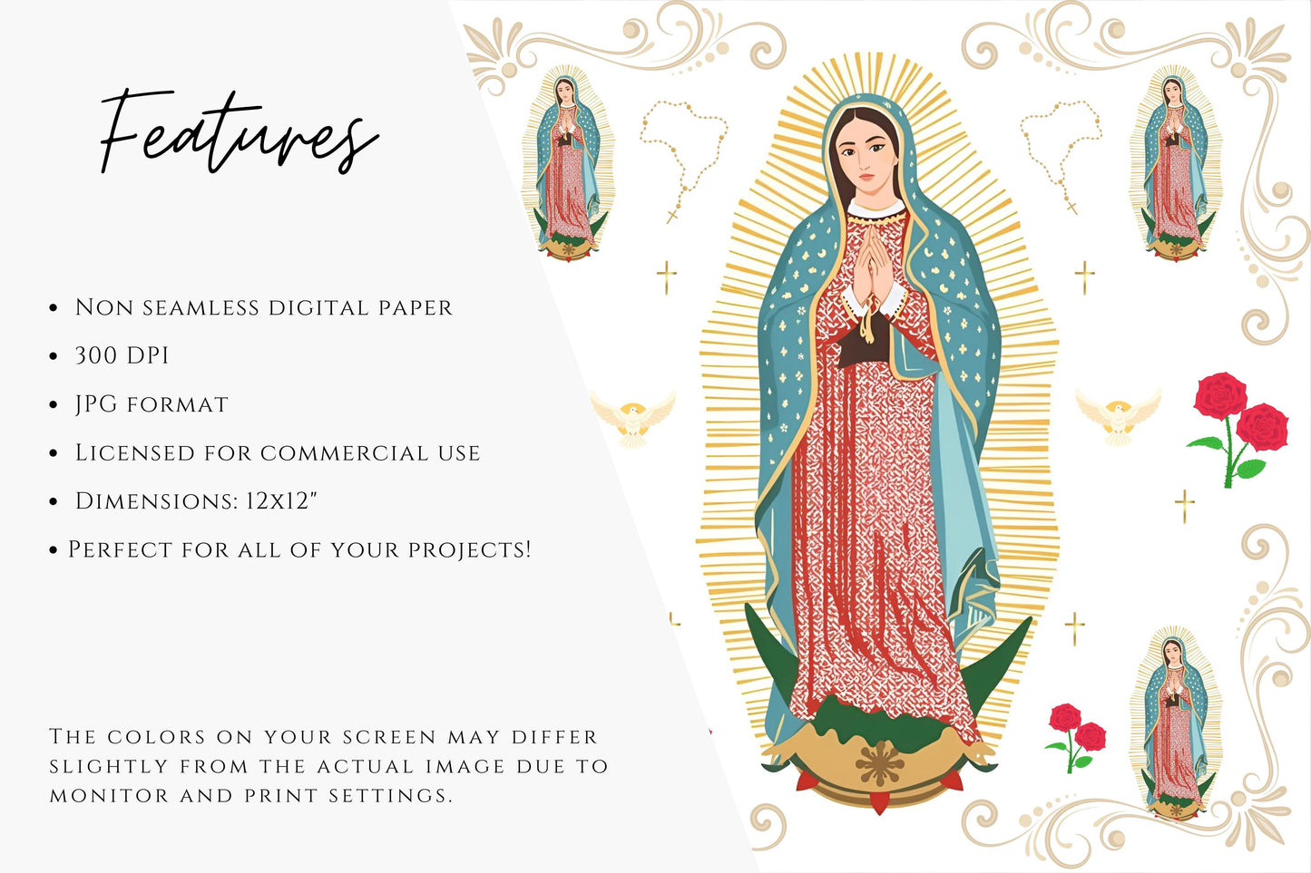 Virgin Mary digital paper for baptism and First Communion crafts – Papel digital de la Virgen María para bautizos y Primera Comunión