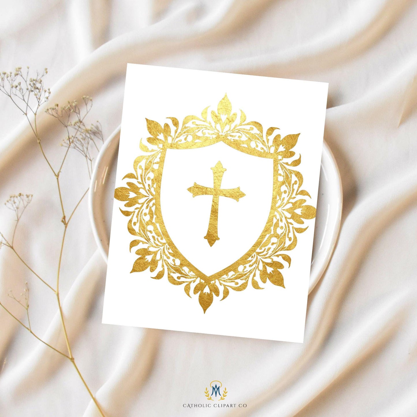 Gold foil wedding crest with cross, classic church wedding emblem — Crest de boda en oro estilo lámina con cruz, emblema clásico para boda religiosa