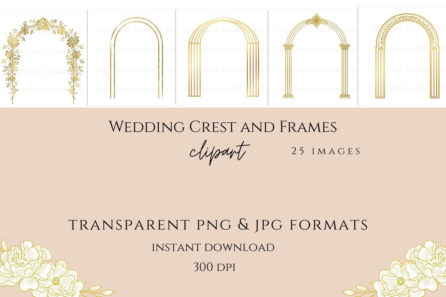 Classic wedding invitation mockup with gold floral arch and refined typography / Maqueta de invitación de boda clásica con arco floral dorado y tipografía refinada