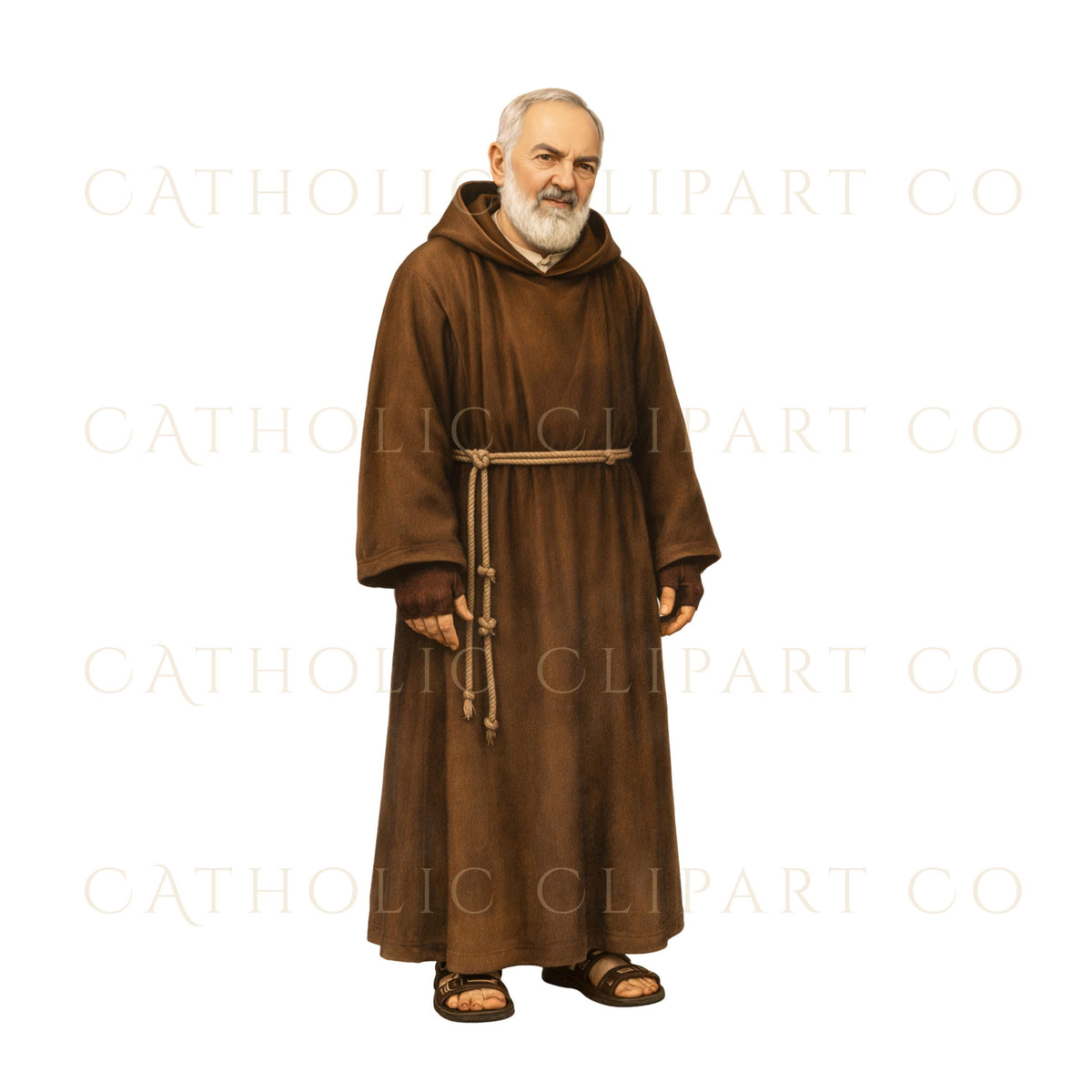 Catholic saint watercolor portrait of Padre Pio with brown robe, Retrato acuarela de santo católico Padre Pío con hábito marrón