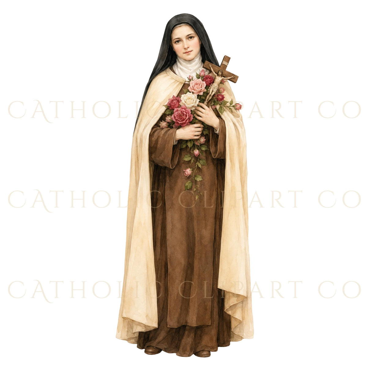 St Therese bust portrait with roses near shoulder, soft Catholic holy card clipart | Retrato de busto de Santa Teresita con rosas, clipart suave estilo estampa religiosa
