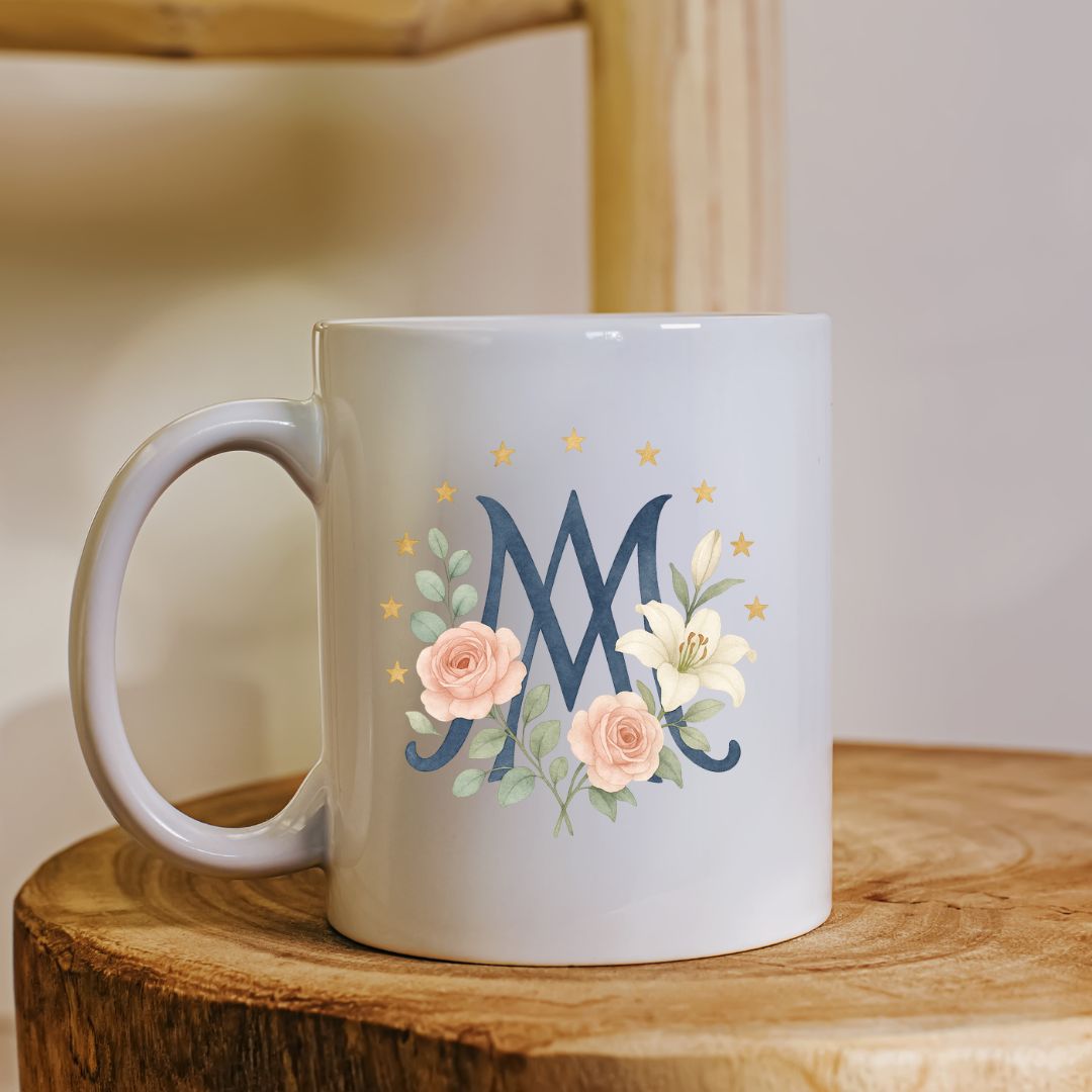 A digital graphic featuring a navy blue Marian monogram auspice of the letters AM centered within a circle of twelve gold stars. Below the monogram is a floral arrangement of two pink roses and a white lily with green leaves. Text reads JPG and PNG.