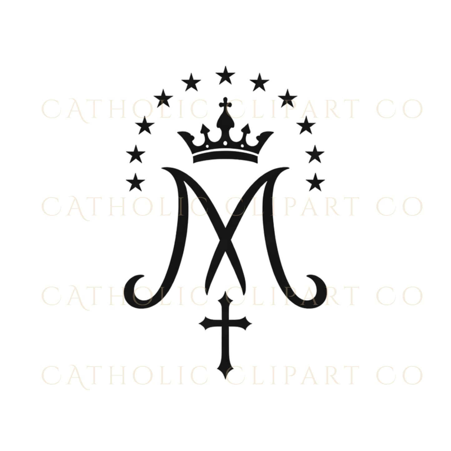 Black Catholic Marian monogram clipart for wedding invitations 