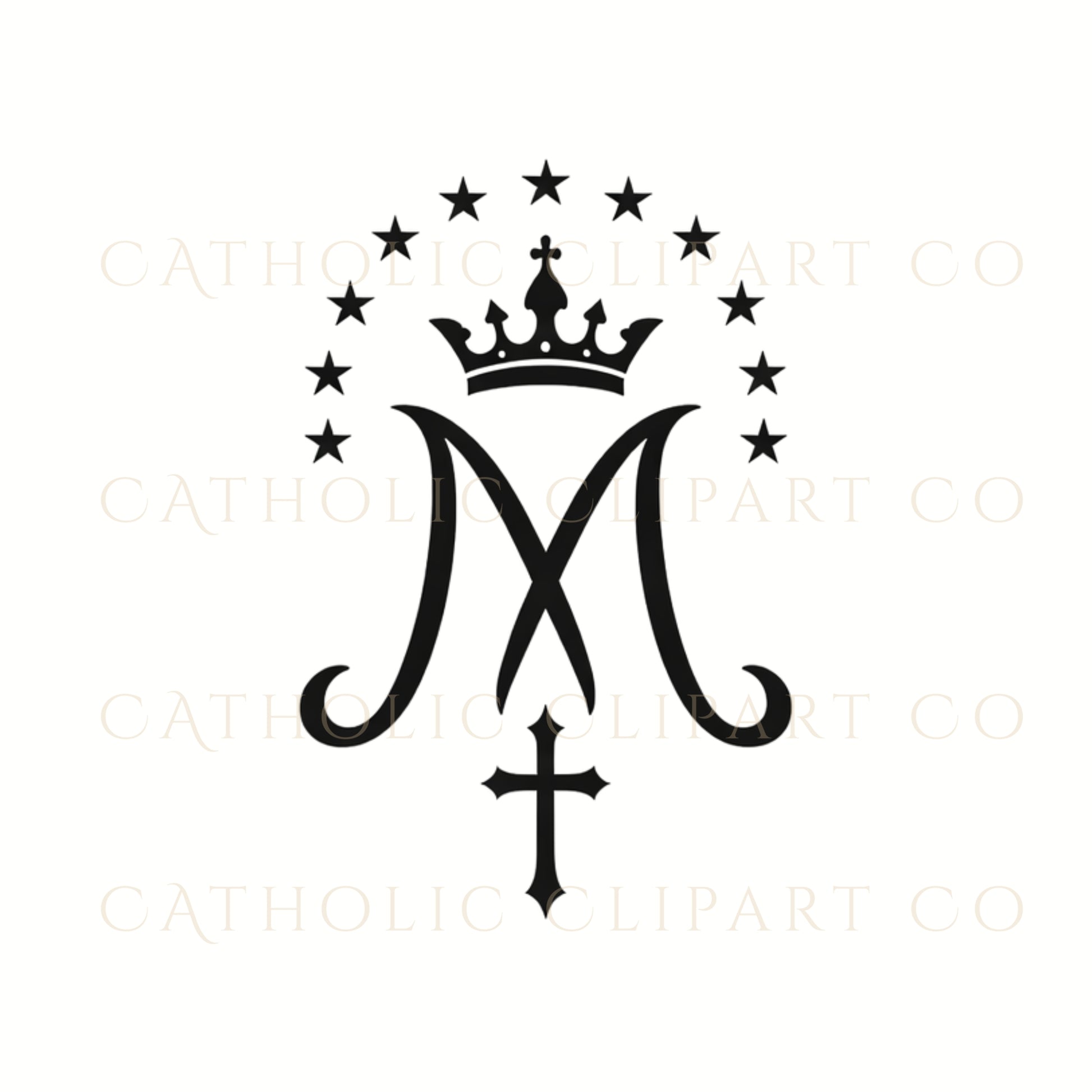 Black Catholic Marian monogram clipart for wedding invitations 