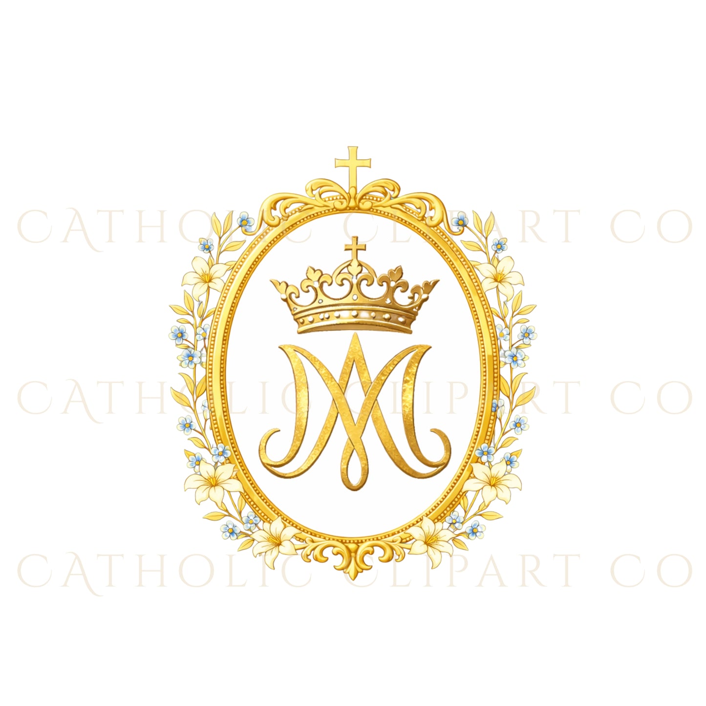 Marian Crest Clipart Set | Gold Marian M Monogram, Catholic Frame & Halo Symbols, Virgin Mary PNG