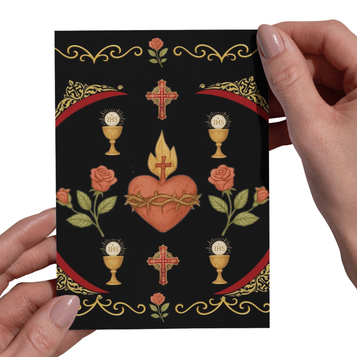 Catholic scrapbook paper with Eucharistic chalice and floral Sacred Heart design, printable 12x12 background. 