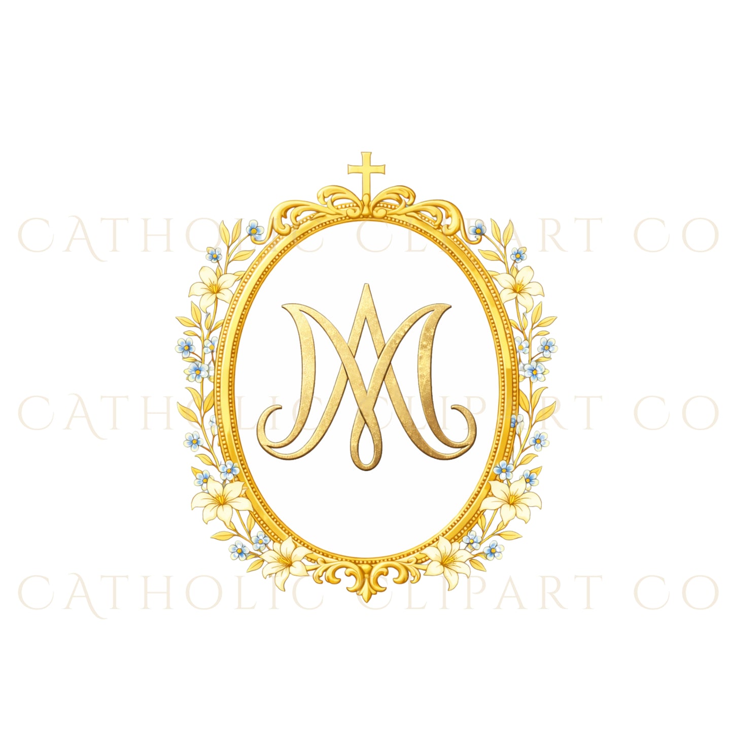 Marian Crest Clipart Set | Gold Marian M Monogram, Catholic Frame & Halo Symbols, Virgin Mary PNG