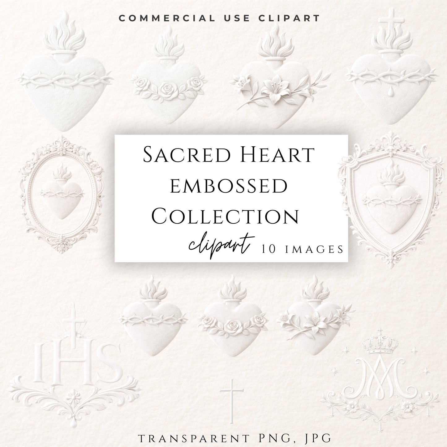 Sacred Heart embossed Catholic clipart collection on warm cotton background / Colección de clipart católico Sagrado Corazón en relieve sobre fondo algodón
