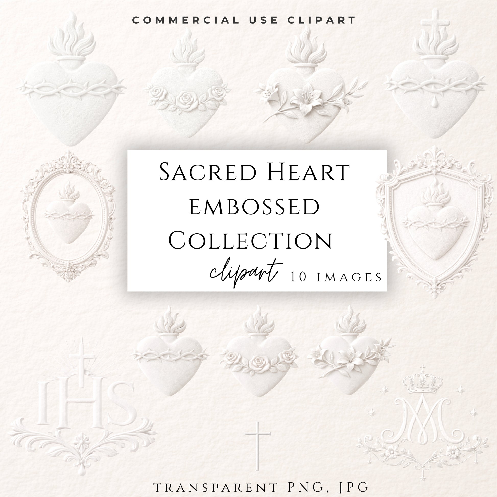 Sacred Heart embossed Catholic clipart collection on warm cotton background / Colección de clipart católico Sagrado Corazón en relieve sobre fondo algodón