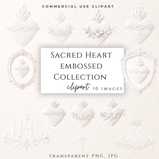 Sacred Heart embossed Catholic clipart collection on warm cotton background / Colección de clipart católico Sagrado Corazón en relieve sobre fondo algodón