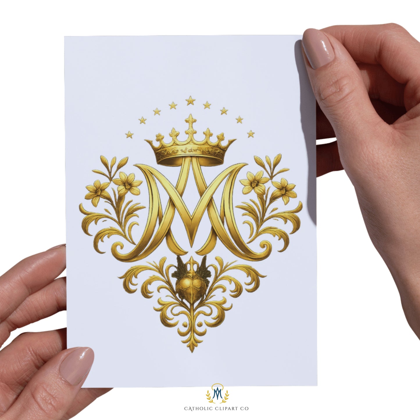 Auspice of Mary Clipart | Gold Marian Auspice Emblem | Floral Virgin Mary Monogram PNG | Catholic Commercial Use