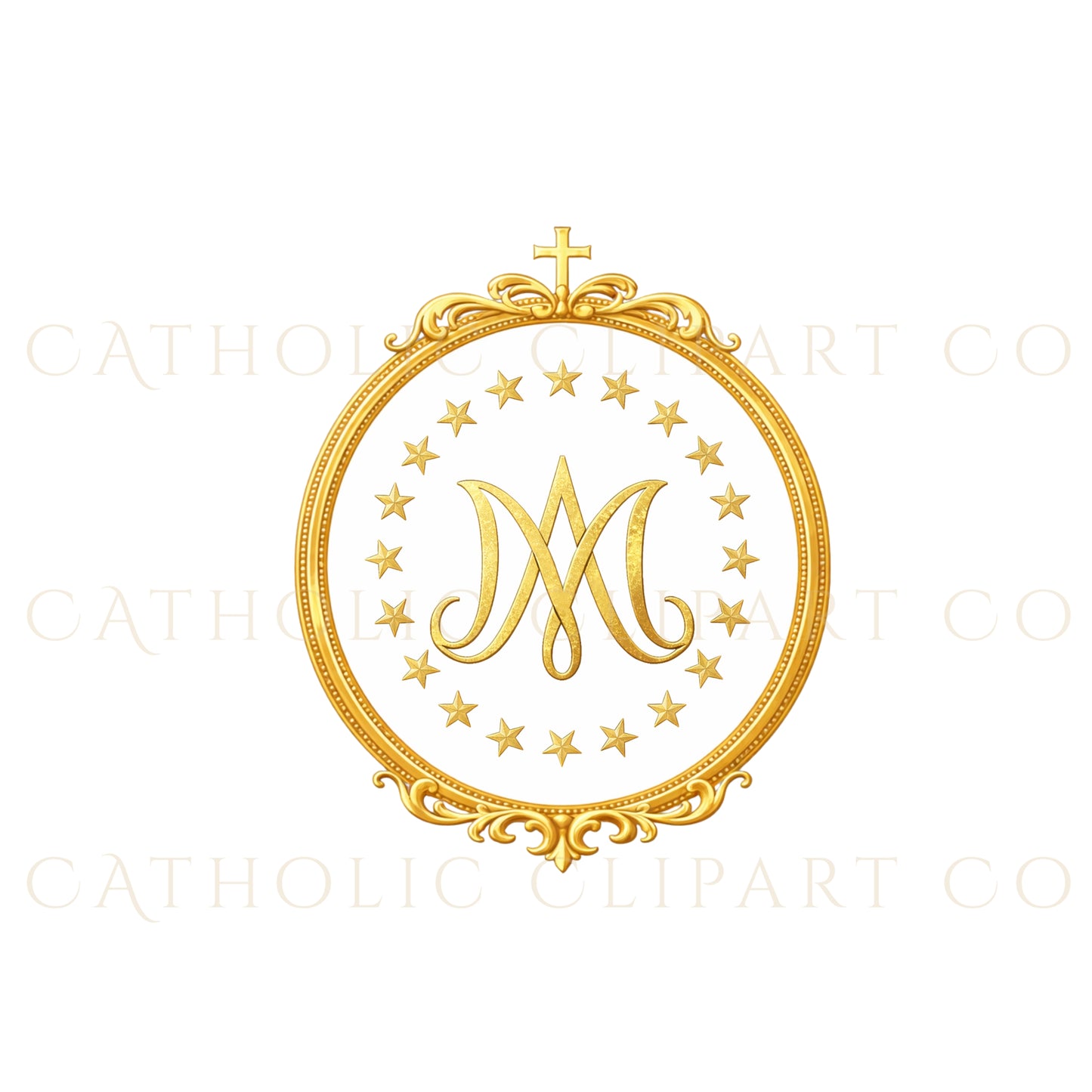 Marian Crest Clipart Set | Gold Marian M Monogram, Catholic Frame & Halo Symbols, Virgin Mary PNG
