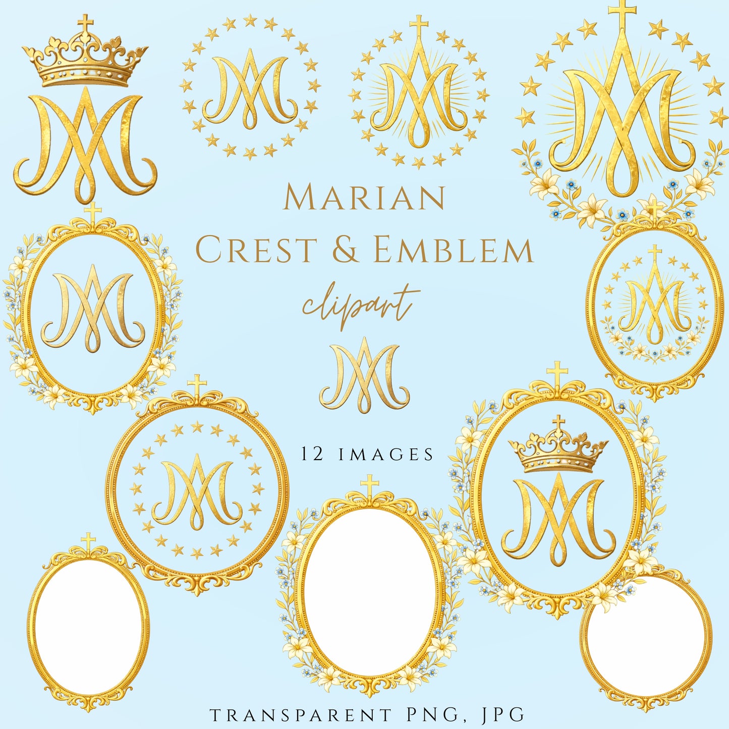 Marian Crest Clipart Set | Gold Marian M Monogram, Catholic Frame & Halo Symbols, Virgin Mary PNG