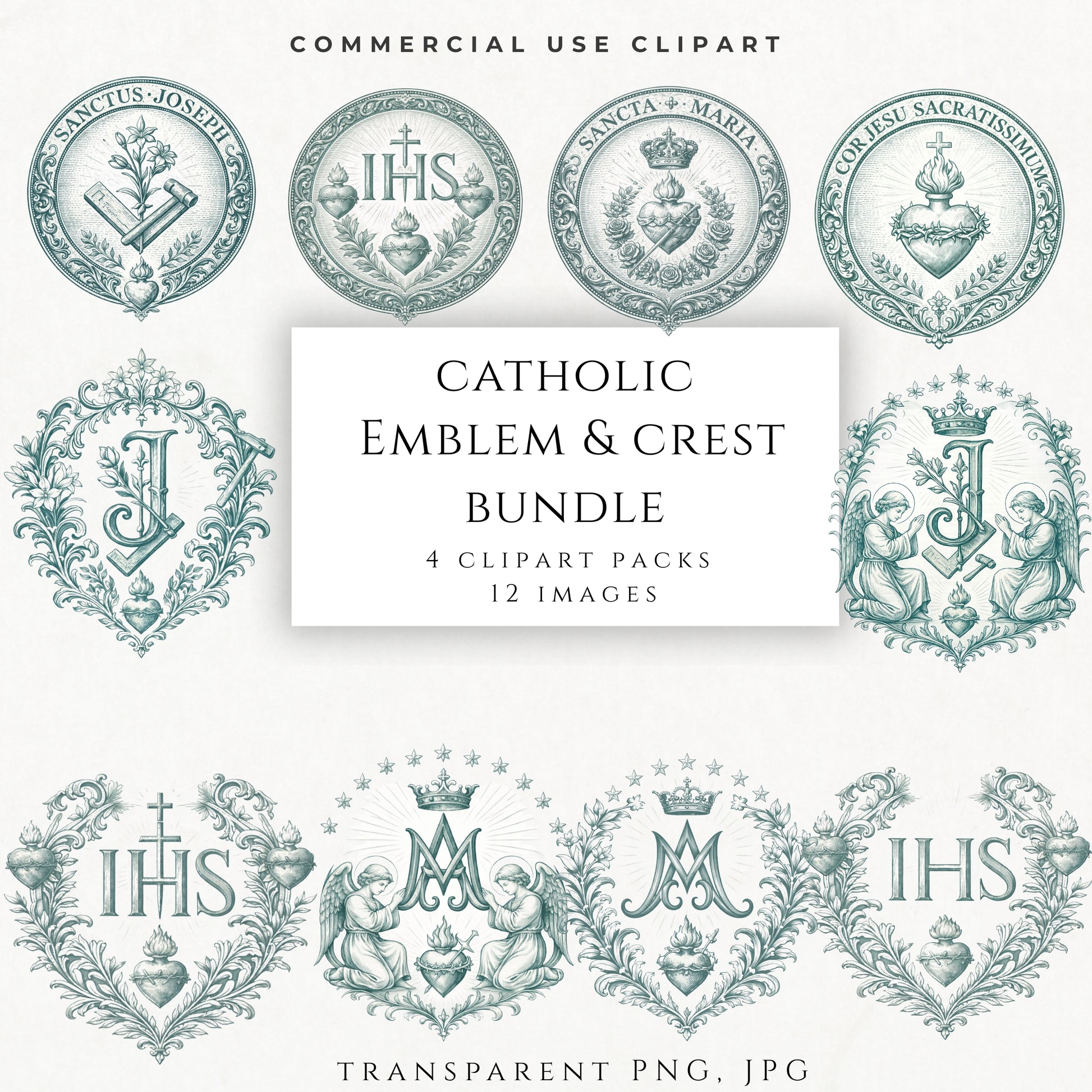 Catholic emblem crest clipart bundle with Sacred Heart, IHS, Virgin Mary and St Joseph symbols