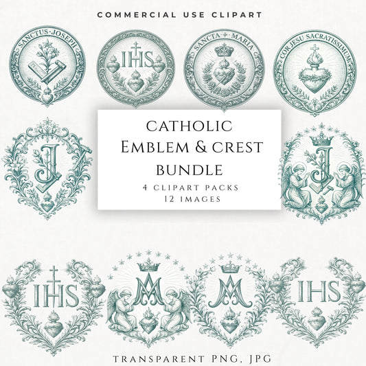 Catholic emblem crest clipart bundle with Sacred Heart, IHS, Virgin Mary and St Joseph symbols