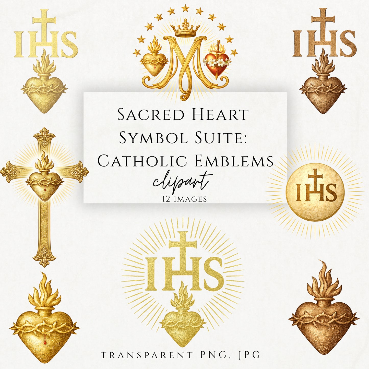 Sacred Heart Catholic symbol suite with gold and sepia emblems for wedding and sacramental design | Conjunto de símbolos católicos del Sagrado Corazón en dorado y sepia para bodas y sacramentos