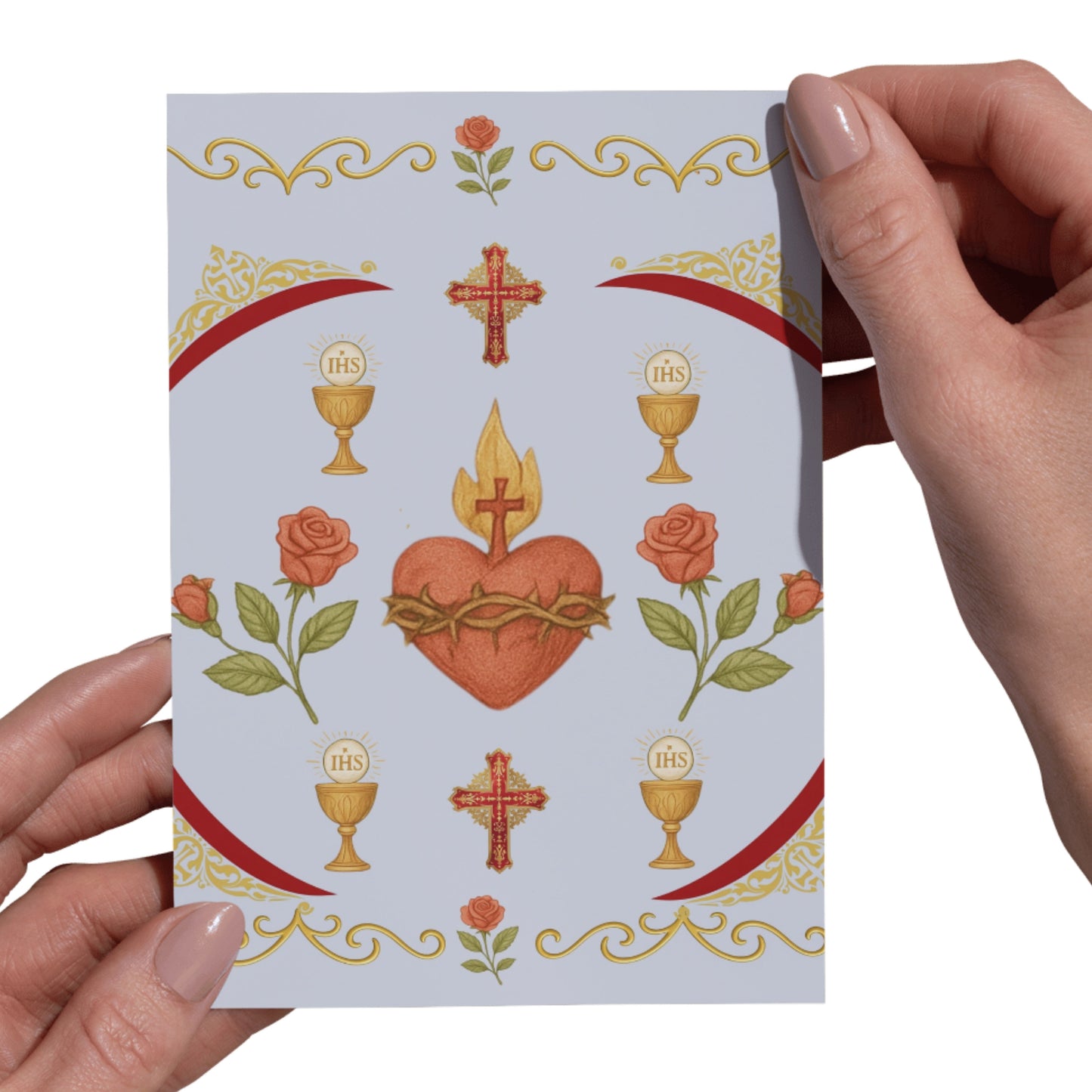 Vintage Catholic digital paper featuring Sacred Heart of Jesus and ornate gold patterns, perfect for religious crafts. 