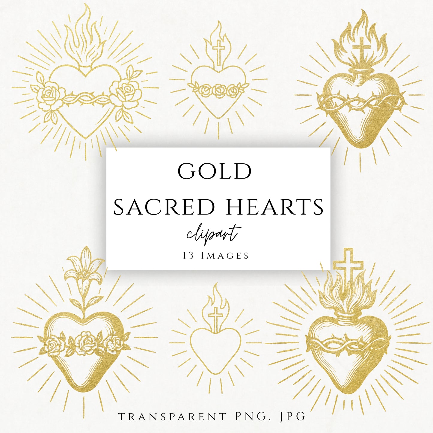 Gold Sacred Hearts Catholic clipart bundle featuring Sacred Heart of Jesus and Immaculate Heart of Mary
