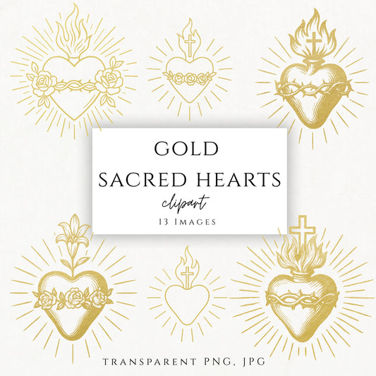 Gold Sacred Hearts Catholic clipart bundle featuring Sacred Heart of Jesus and Immaculate Heart of Mary
