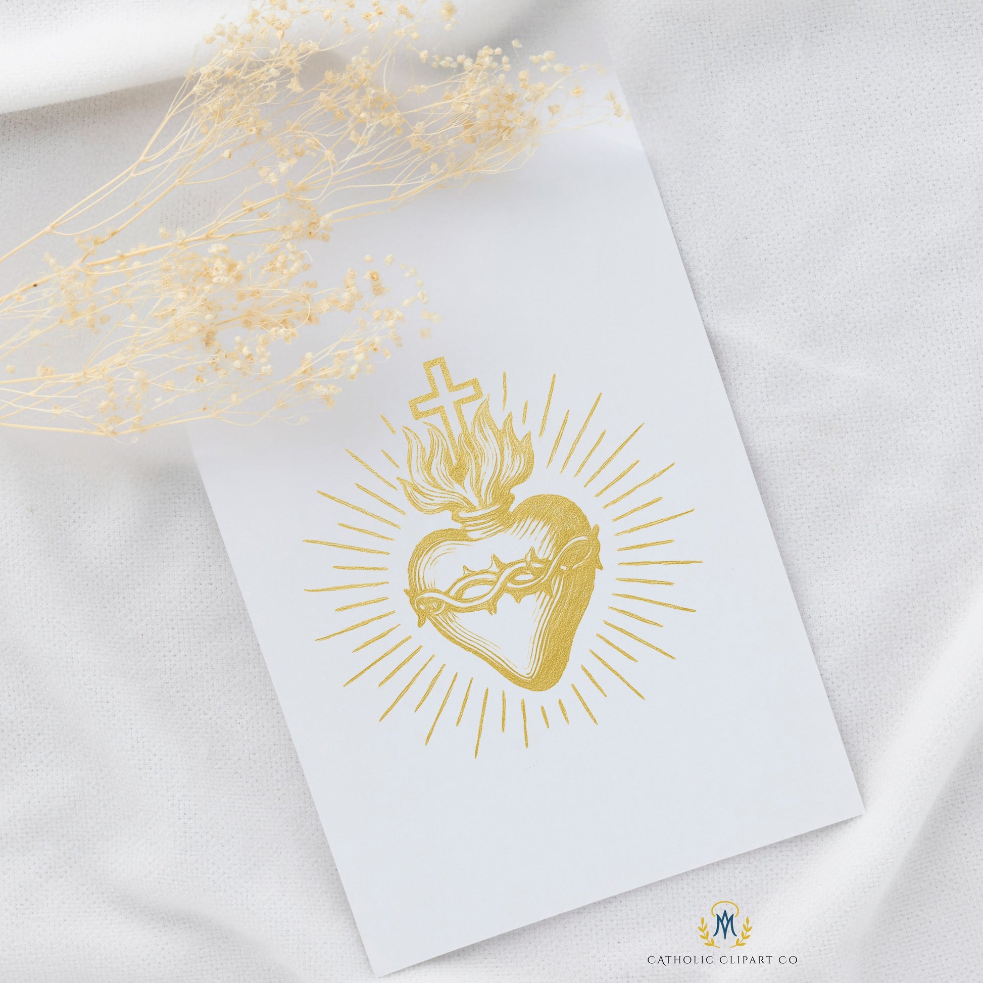Sacred Heart of Jesus with radiant rays gold sepia clipart | Sagrado Corazón de Jesús con rayos en clipart dorado sepia