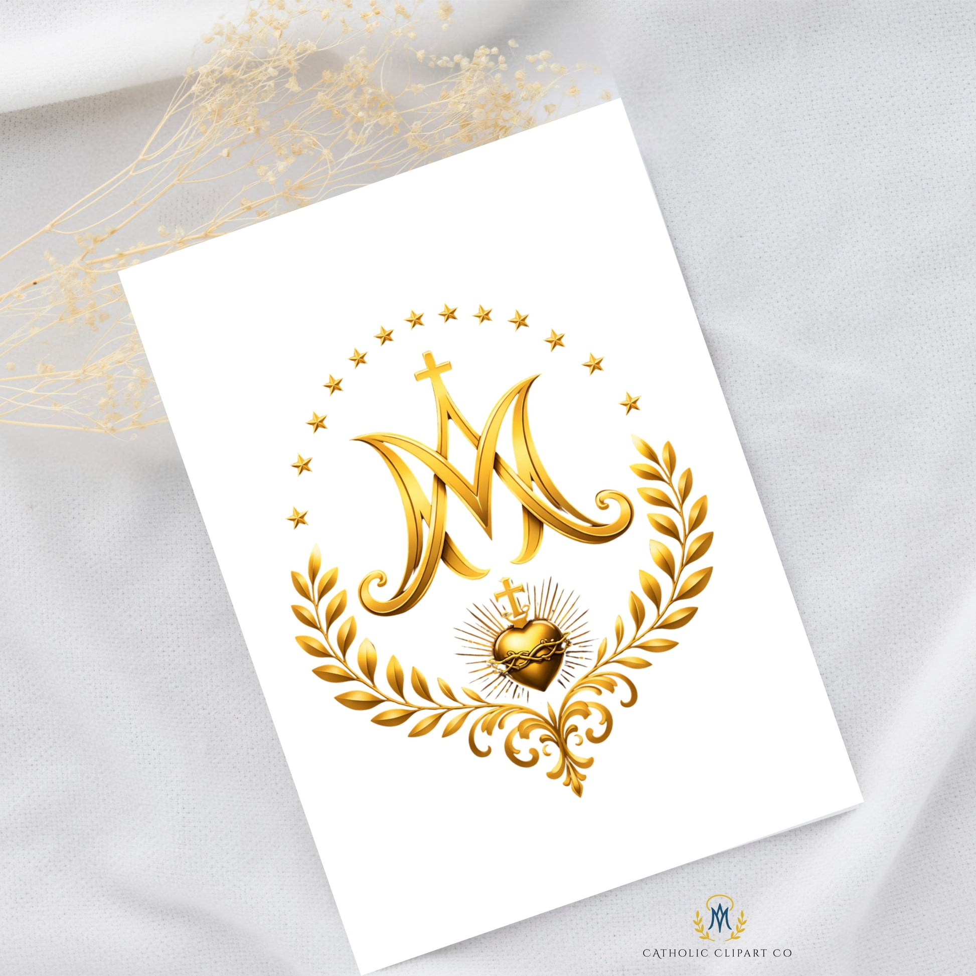 Floral Virgin Mary monogram in elegant gold Catholic emblem style
