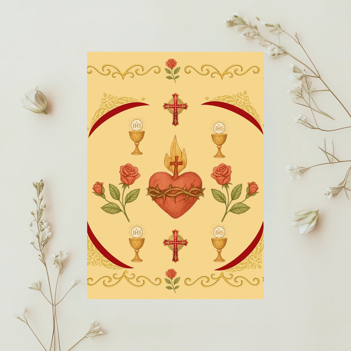 Catholic digital paper pack with gold details and elegant Sacred Heart illustration, non-seamless printable. 