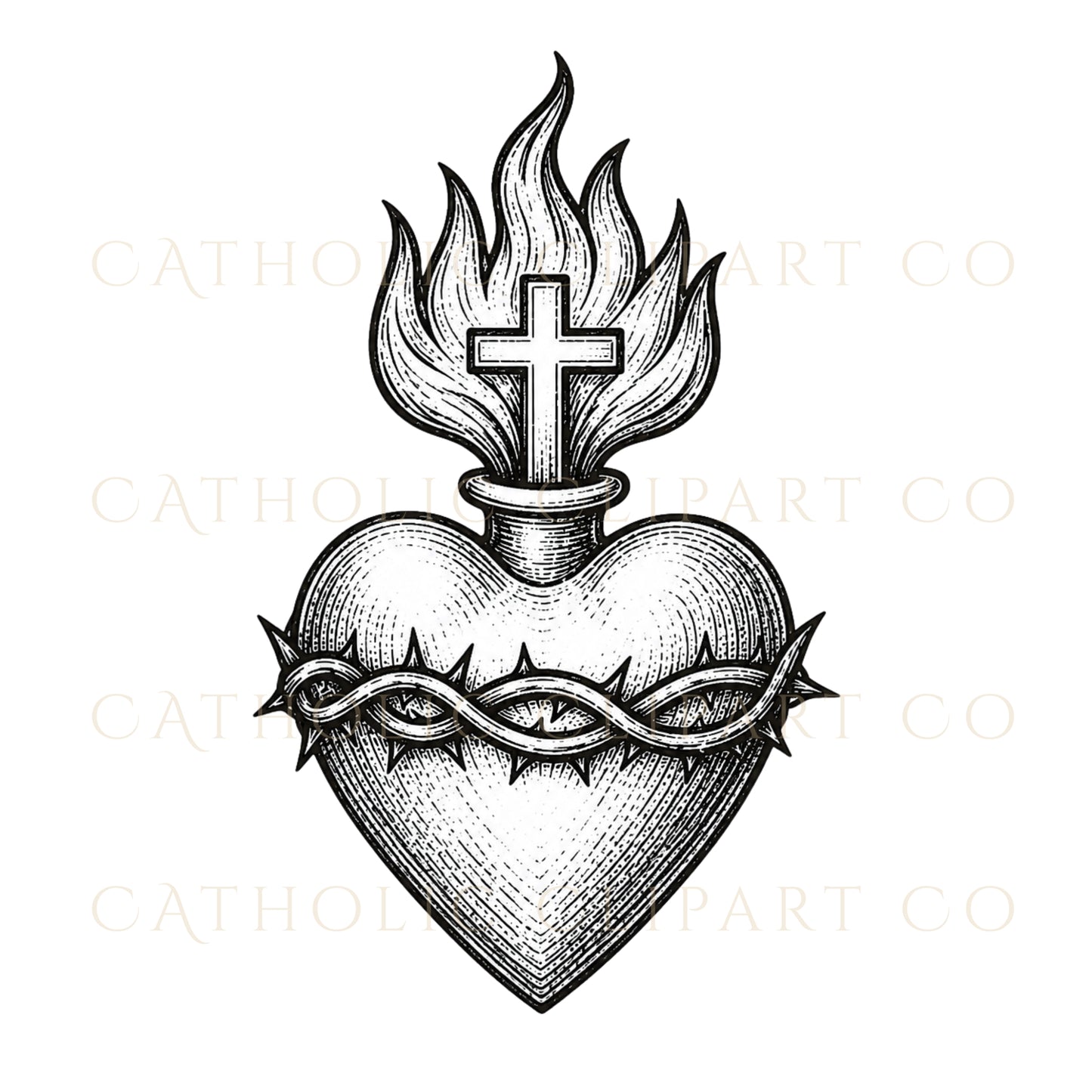Religious clipart bundle featuring detailed Sacred Heart Catholic artwork and antique linework. / Paquete de clipart religioso con arte católico del Sagrado Corazón y detalles de líneas antiguas.