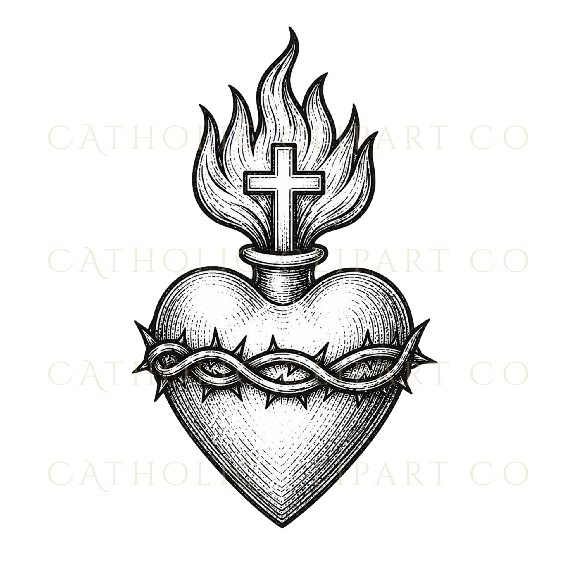 Religious clipart bundle featuring detailed Sacred Heart Catholic artwork and antique linework. / Paquete de clipart religioso con arte católico del Sagrado Corazón y detalles de líneas antiguas.
