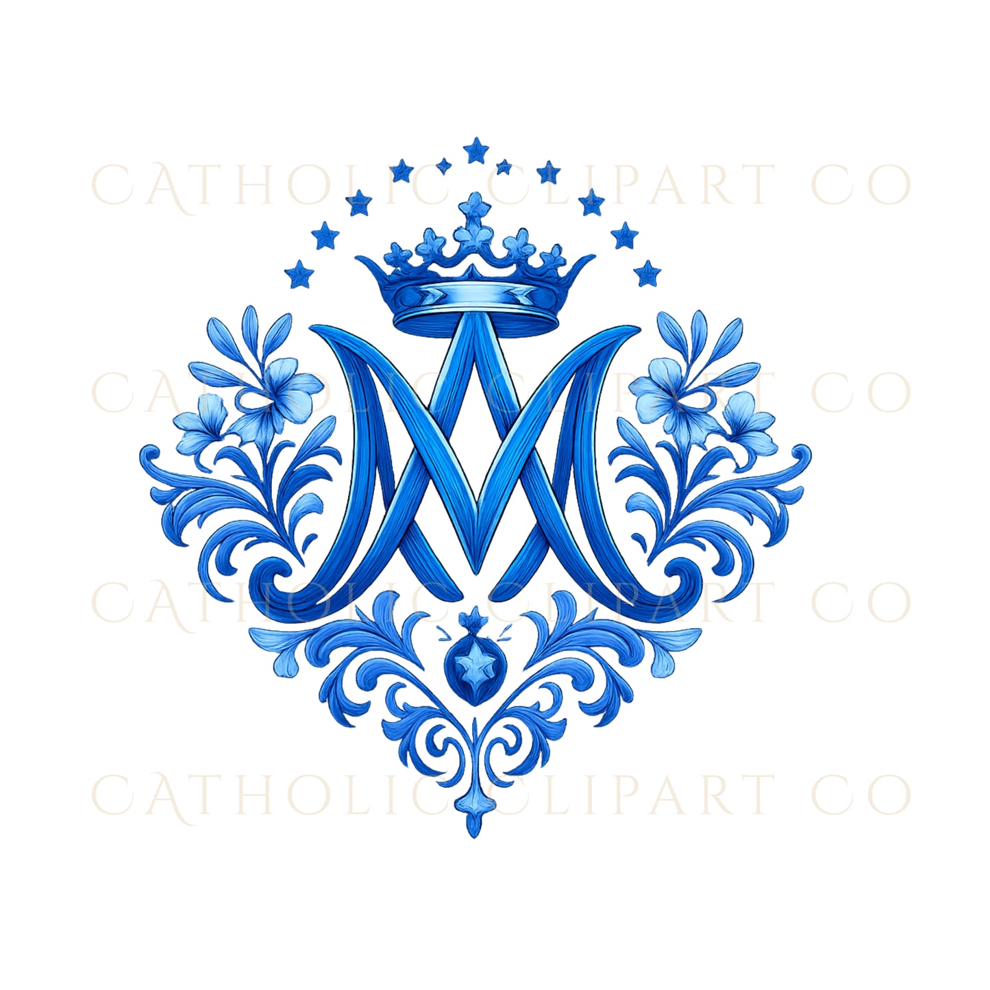 Marian monogram with angels and Sacred Heart clipart / Monograma mariano con ángeles y Sagrado Corazón