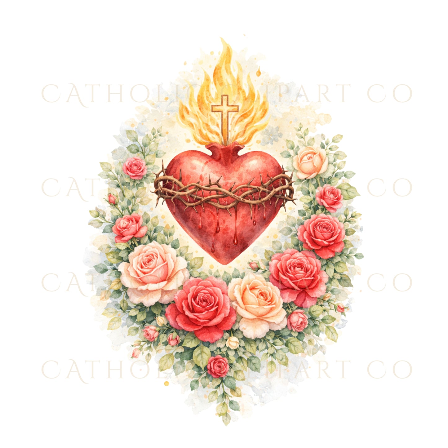 Sacred Heart of Jesus Clipart PNG | Floral Catholic Sacred Heart Watercolor | Christian Devotional Art, Roses, Prayer Card Design