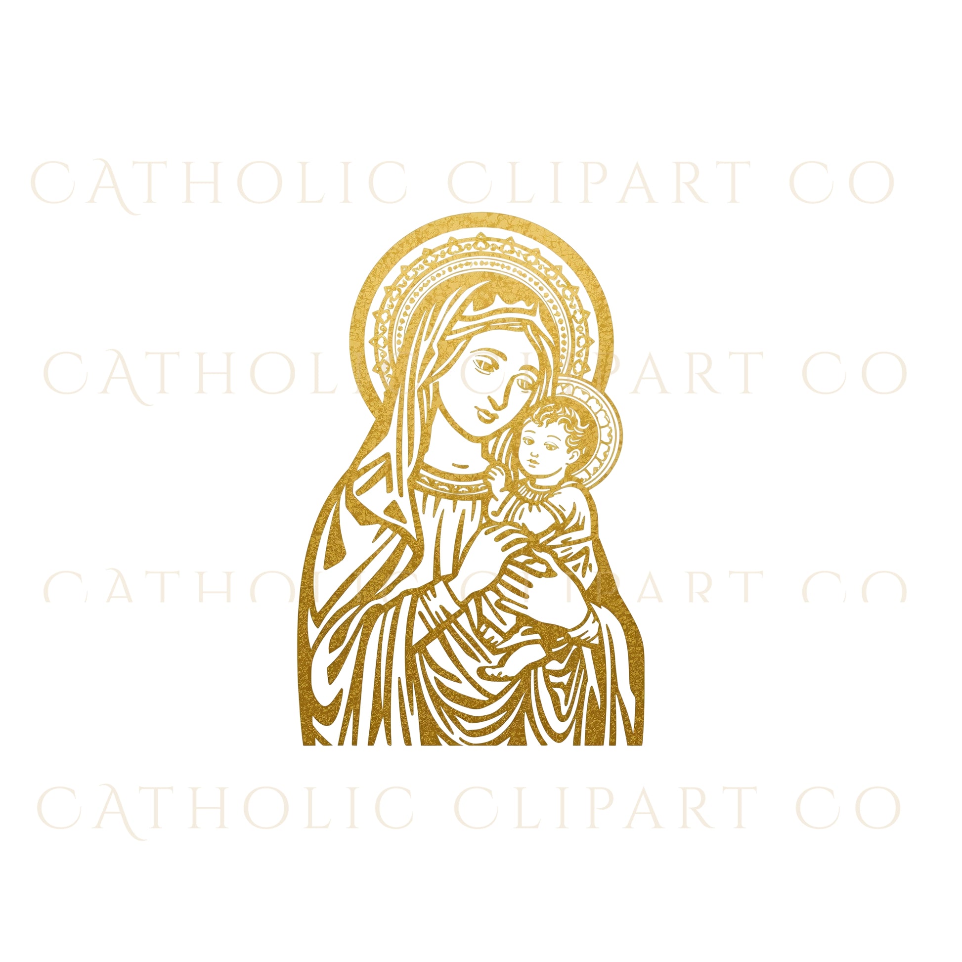Catholic Virgin Mary PNG clipart set in gold, perfect for baptism invitations, First Communion decor, Confirmation printables, and devotional artwork.