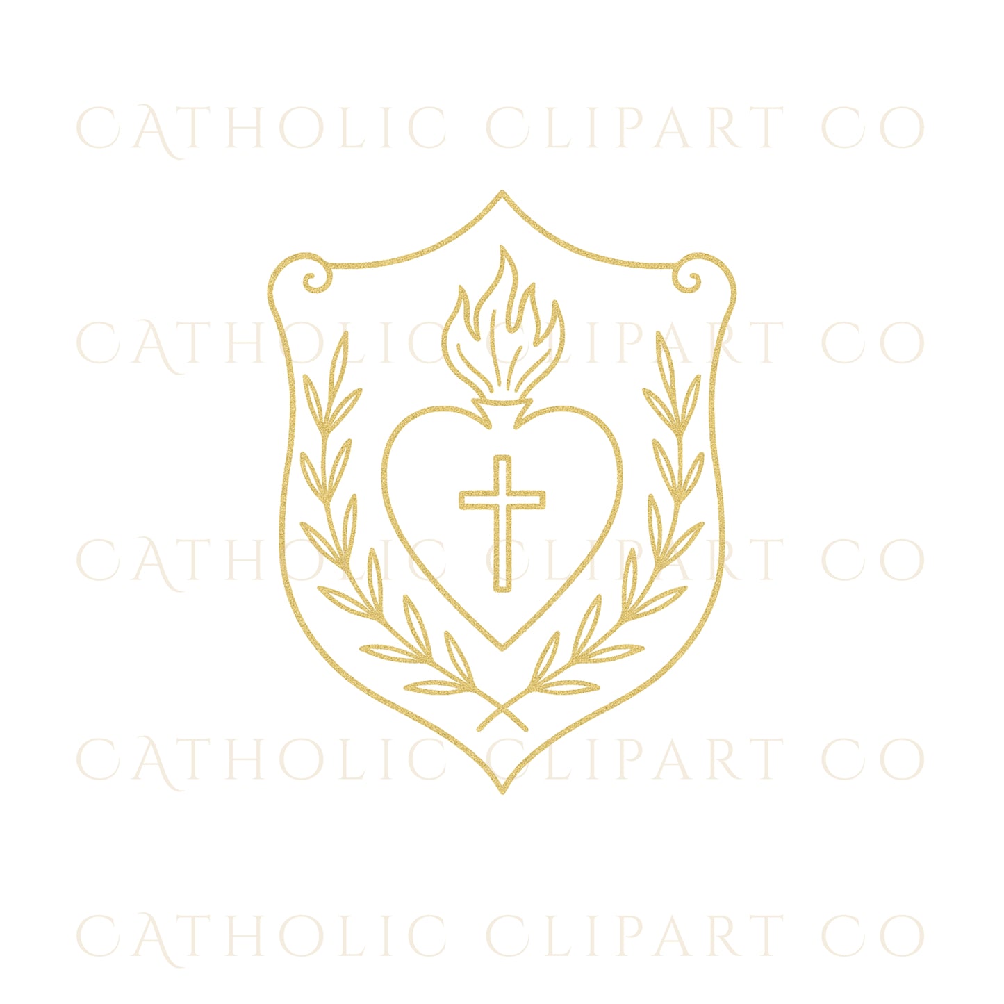 Sacred Heart Crest Clipart, Gold Foil Catholic Sacred Heart PNG JPG, IHS Religious Emblem for Communion Wedding Designs