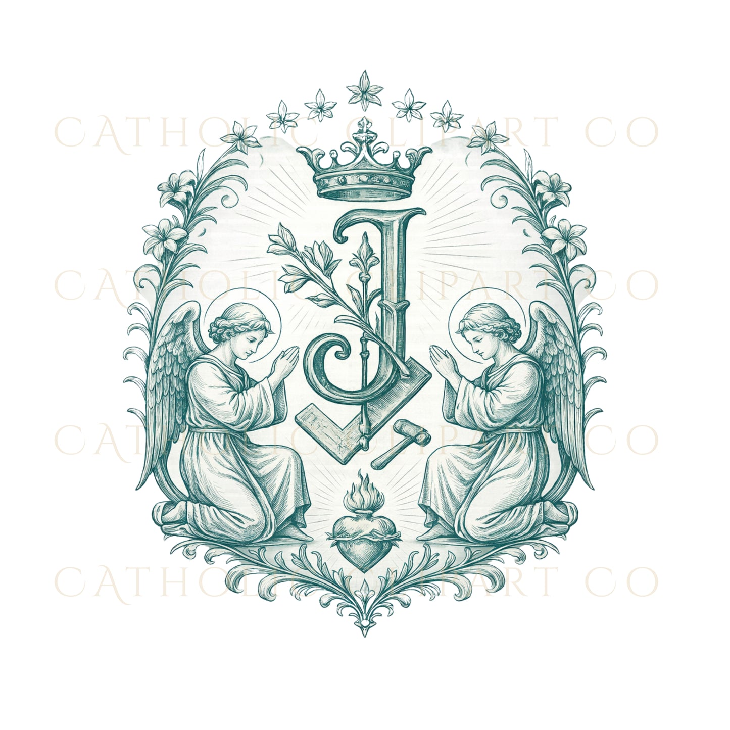 Catholic parish logo clipart featuring St Joseph tools and monogram | Clipart logo parroquial católico con herramientas y monograma de San José