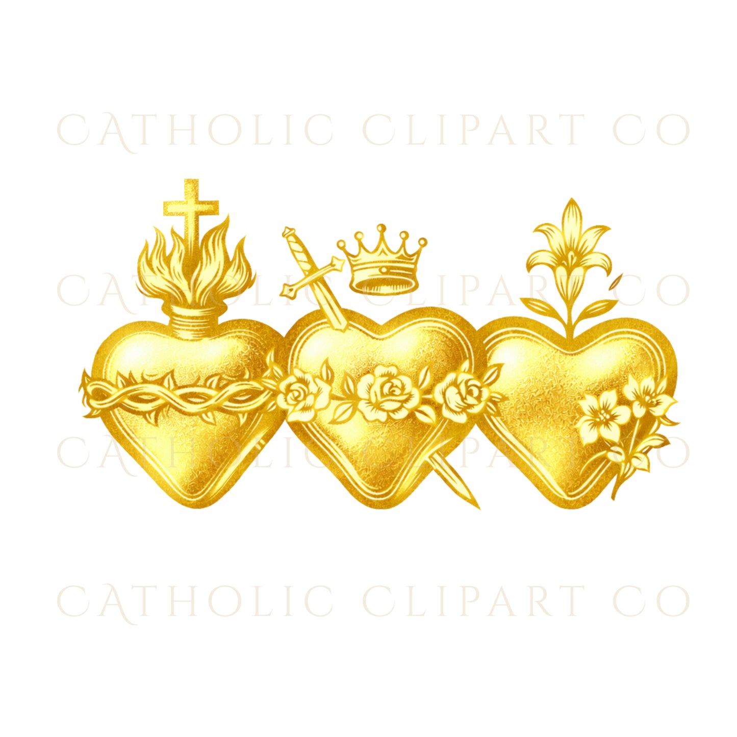 Gold line art Sacred Hearts Catholic design ideal for wedding crests, engraving and parish branding | Corazones Sagrados en arte lineal dorado ideal para escudos de boda, grabado y diseño parroquial