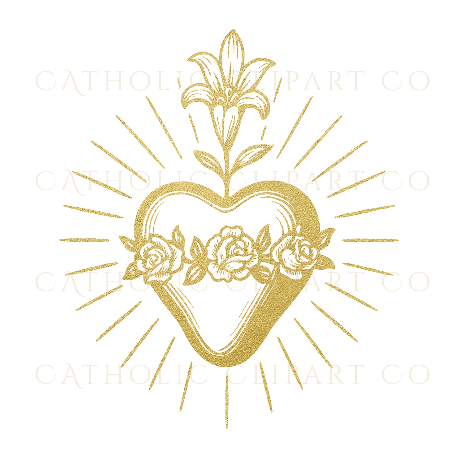 Catholic Sacred Hearts trio gold design – Trío de Sagrados Corazones católicos en dorado