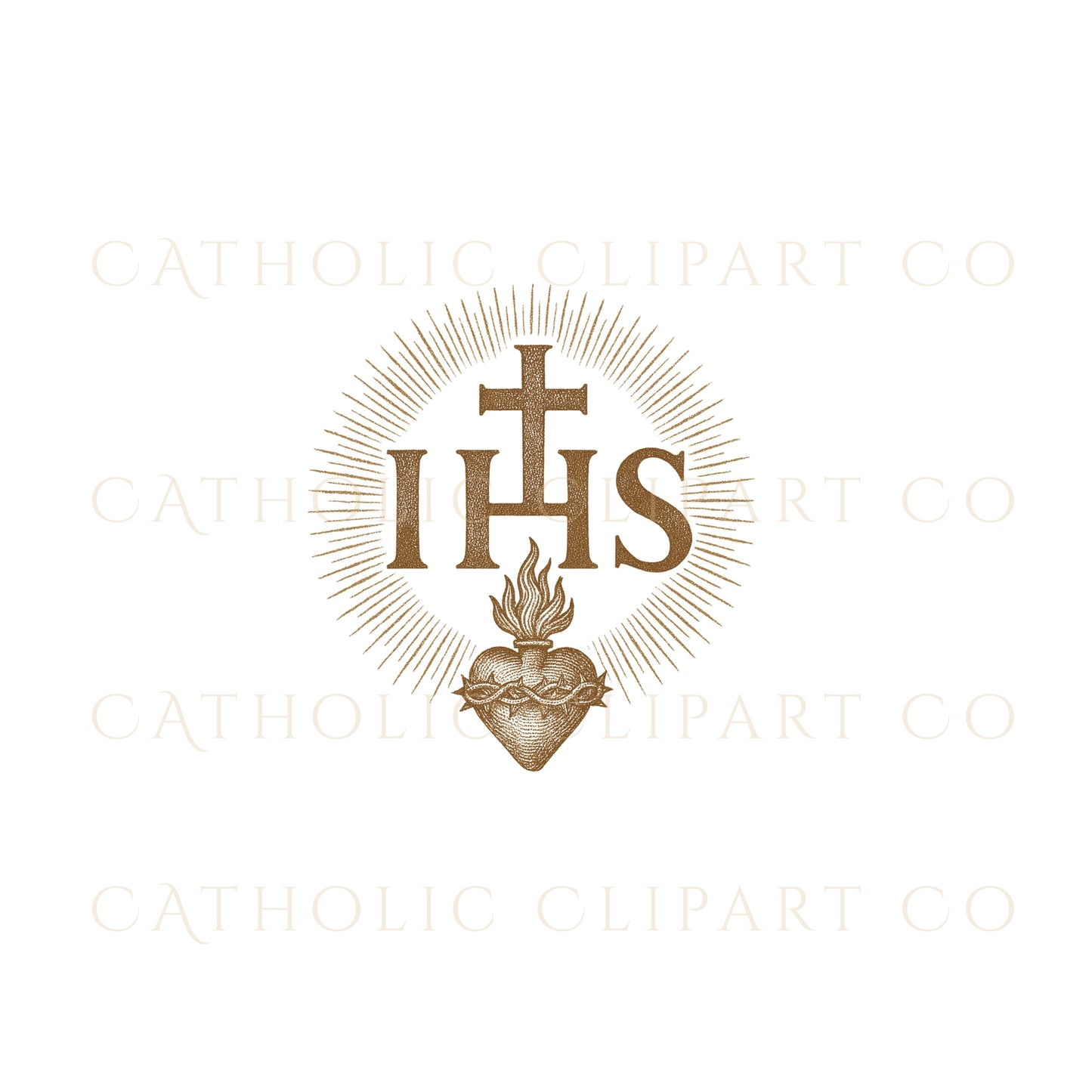 Sacred Heart of Jesus Clipart IHS Catholic Vintage Gold Sepia Religious Art PNG JPG Christian Sacred Heart Design