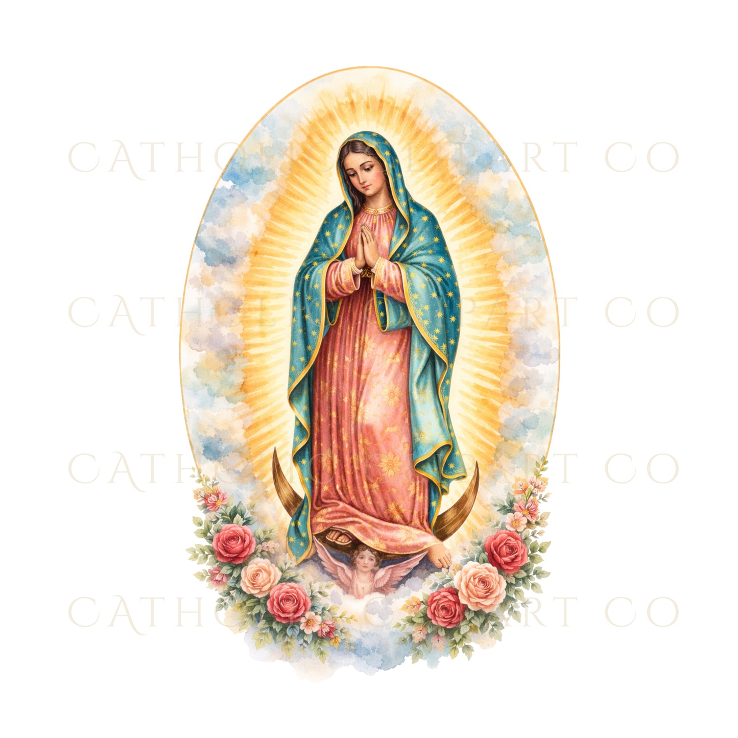 Our Lady of Guadalupe Clipart PNG | Watercolor Marian Art with Roses | Catholic Devotional Clipart Commercial Use