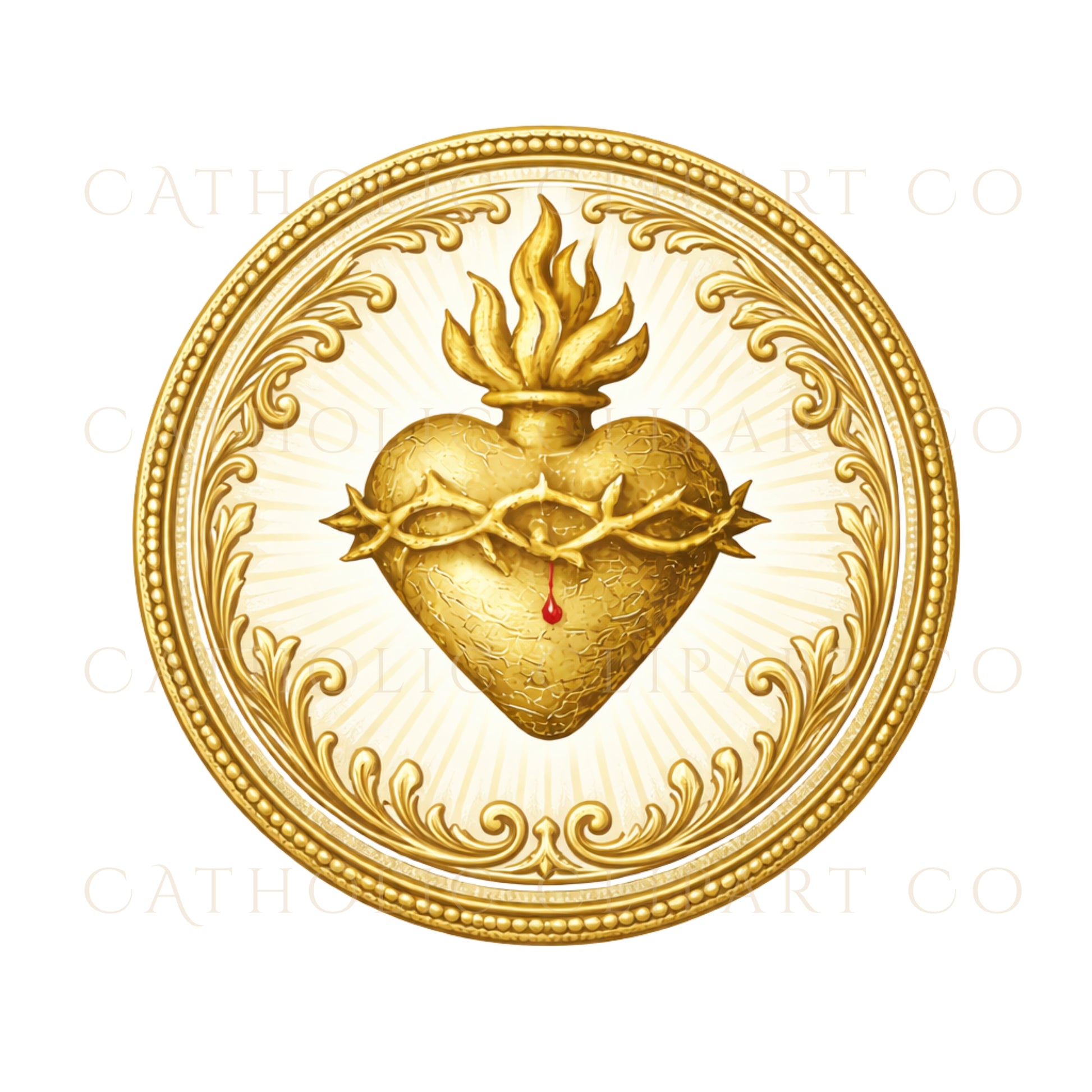 Gold Sacred Heart round seal clipart for church branding – Sello redondo dorado del Sagrado Corazón para marca parroquial