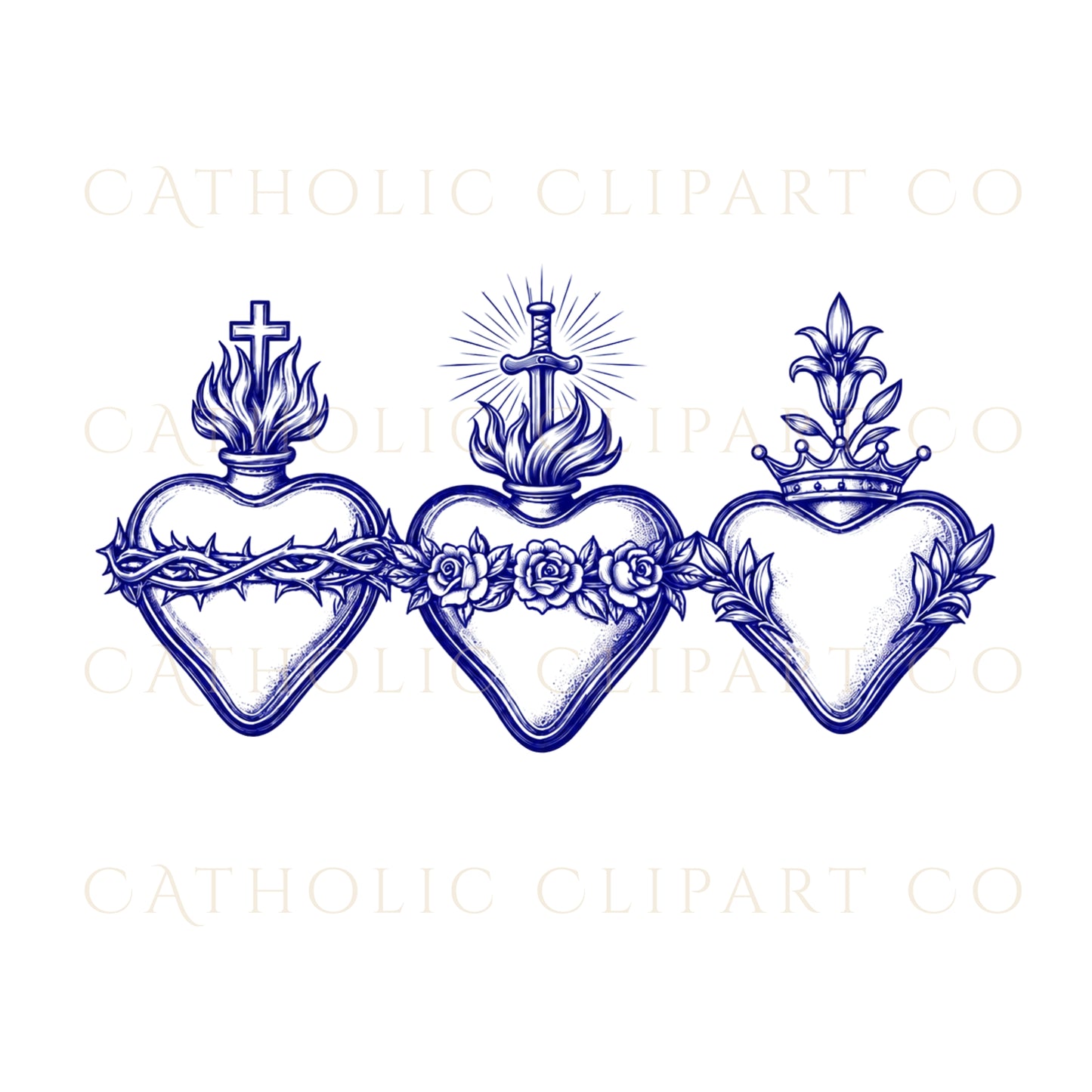 Blue Sacred Hearts Clipart PNG Bundle, Sacred Heart of Jesus Mary Joseph Clipart, Catholic Blue Crest Clipart, Commercial Use