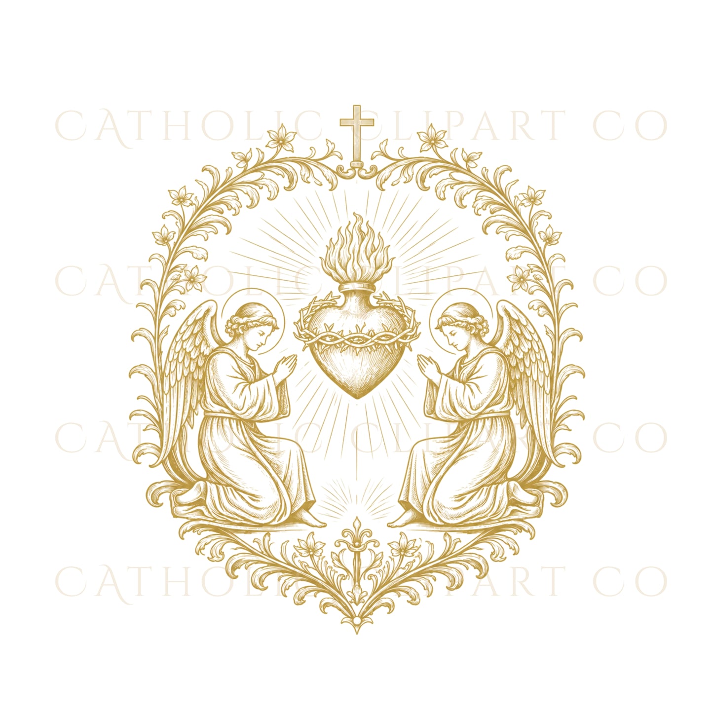 Catholic Sacred Heart line art emblem in antique gold engraving style