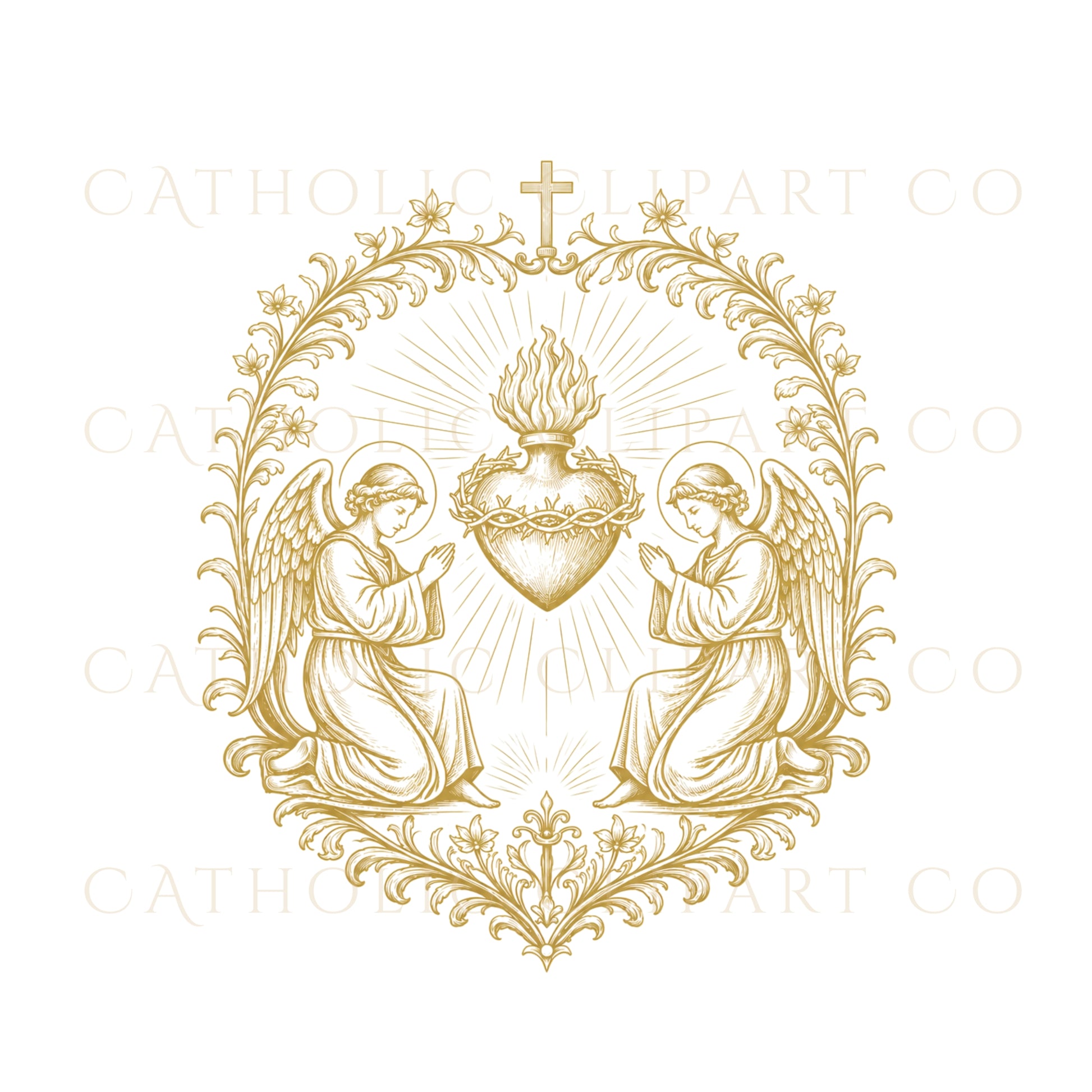 Catholic Sacred Heart line art emblem in antique gold engraving style