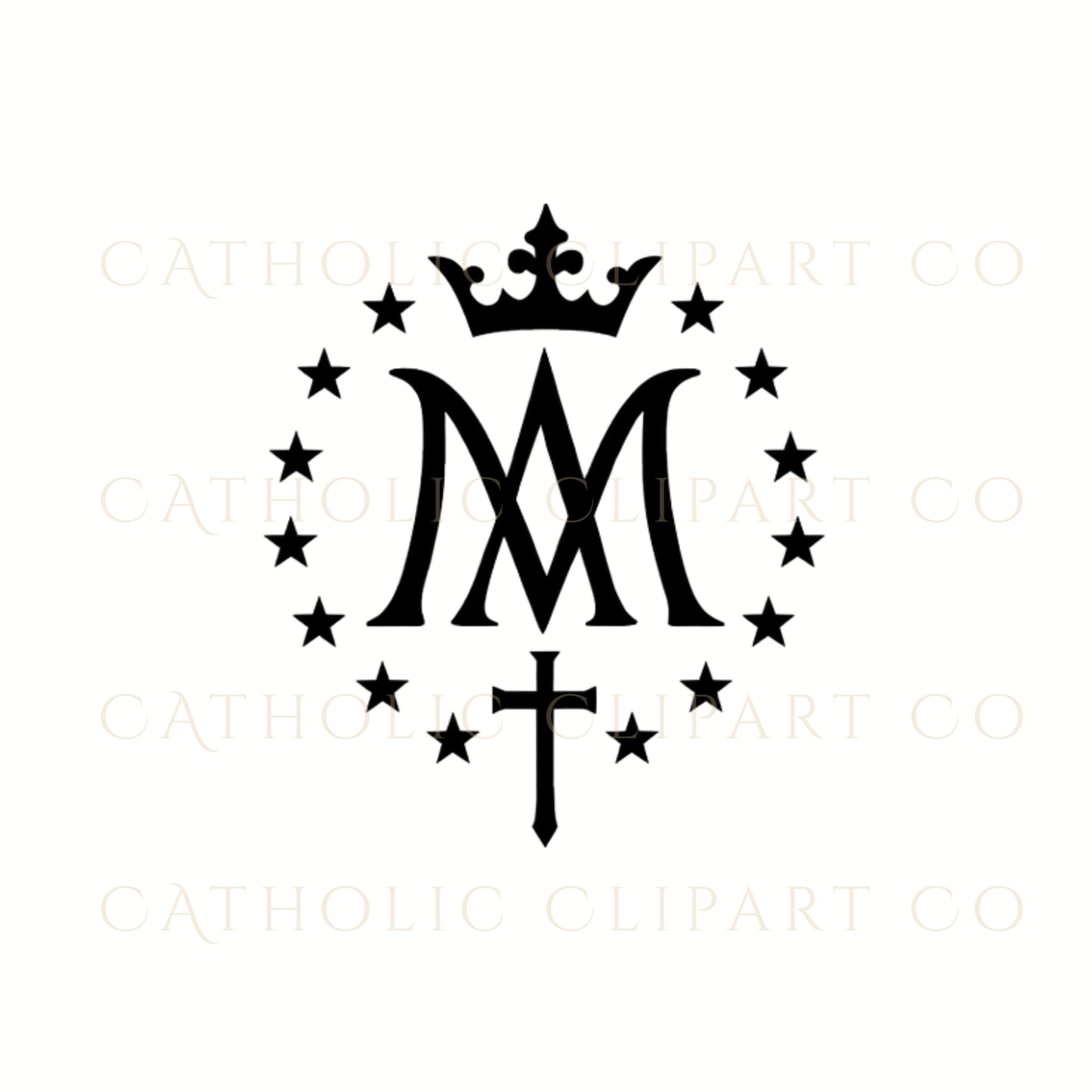 Catholic crown and cross Marian M symbol in black PNG /
